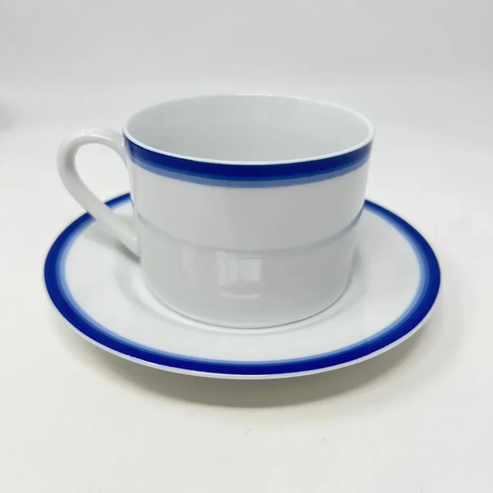 Crate and Barrel CBL16 Flat Cup Saucer Set of 8 Blue Rim White Porcelain Vintage